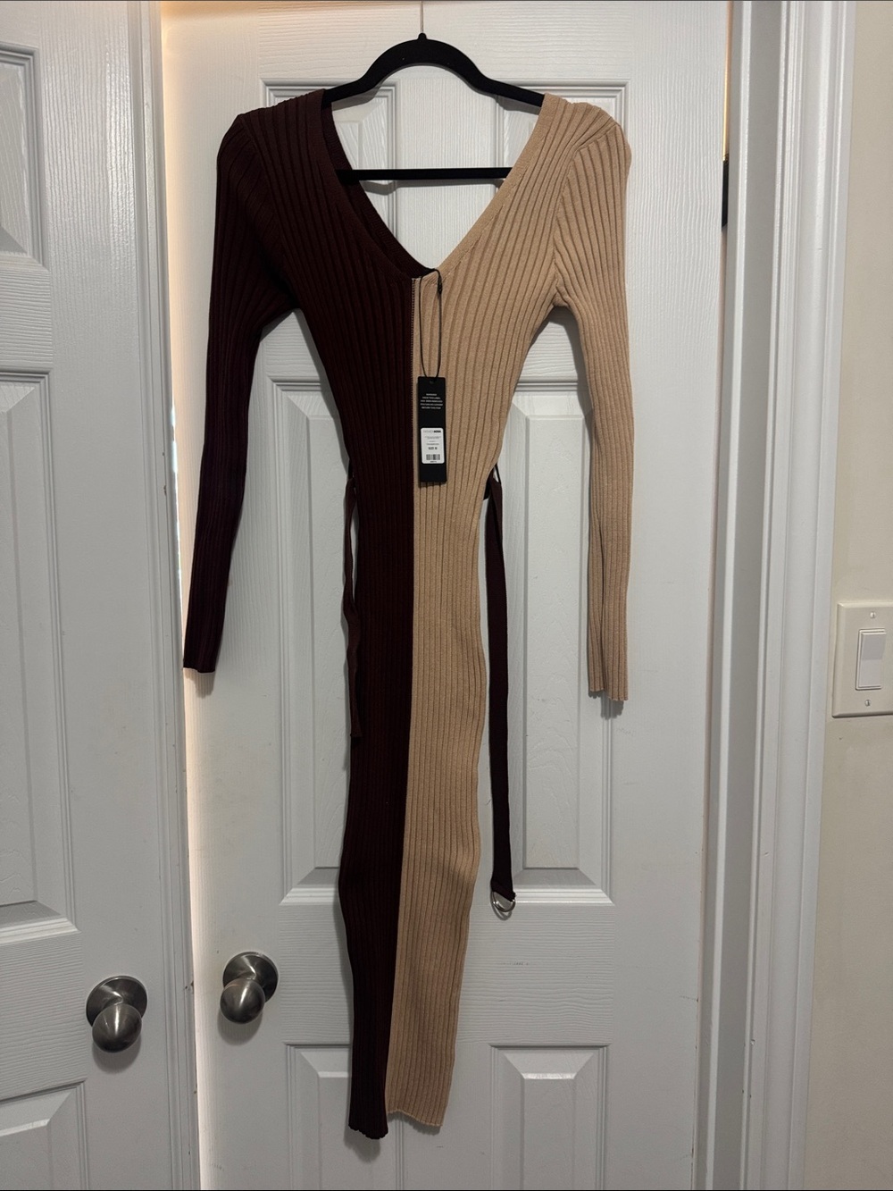 Autumn Vibes -  Two-Tone Asymmetrical Ribbed Wrap Dress in Brown and Tan - Picture 8 of 8